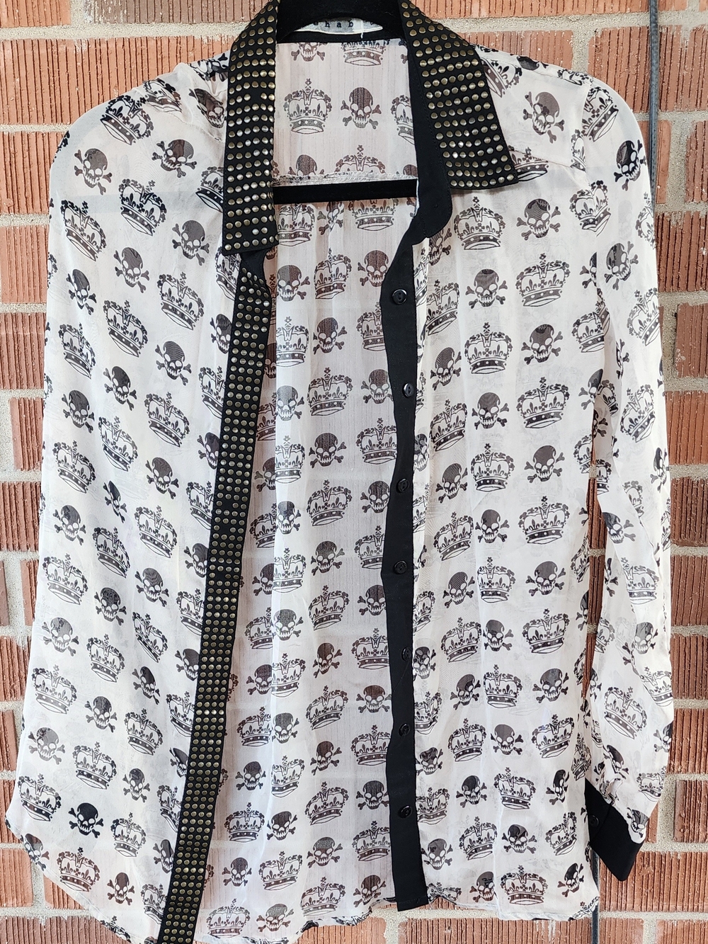 Rehab Skull & Crown Print Womens Sheer Shirt - White/Black